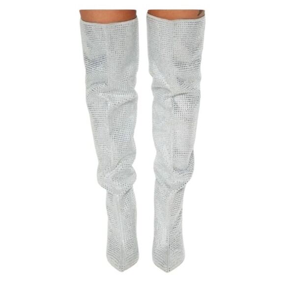 Fashion Nova Shoes - Women's Silver Rhinestone Over-the-Knee Stiletto Boots Size 7,5